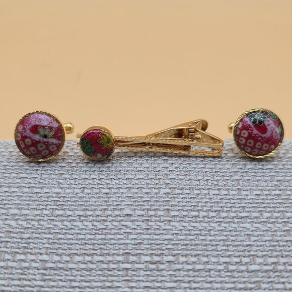 Gold And Red Floral Tie Clip And Cuff Links Set B791 - Picture 1 of 7
